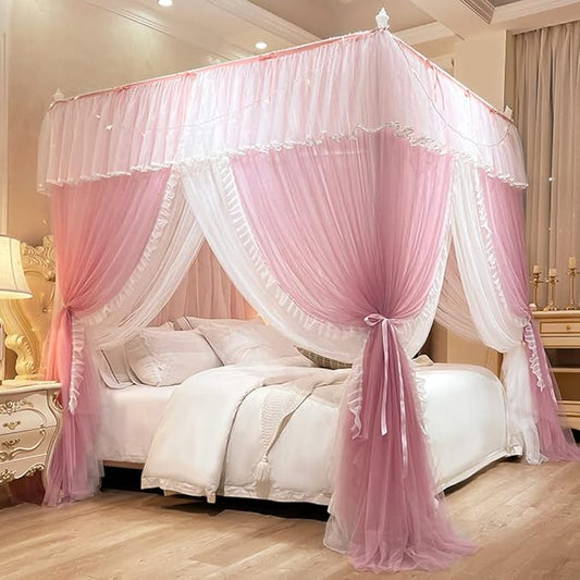 Mengersi Canopy Bed Curtains with Lights,4 Corner Bed Canopy Royal Luxurious Bed Drapes Netting,Princess Bed Curtains for Girls Adults Bedroom Decoration (Pink, Queen)