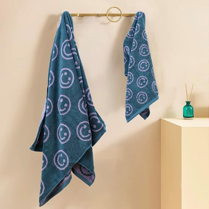 Luxury Cute Smiling Face Purple Green Bath Towel Sets for Bathroom, 1 Bath Towels 2 Hand Towels Washcloths 100% Cotton Ultra Soft Highly Absorbent for Women Kids Girl Boy Face Body