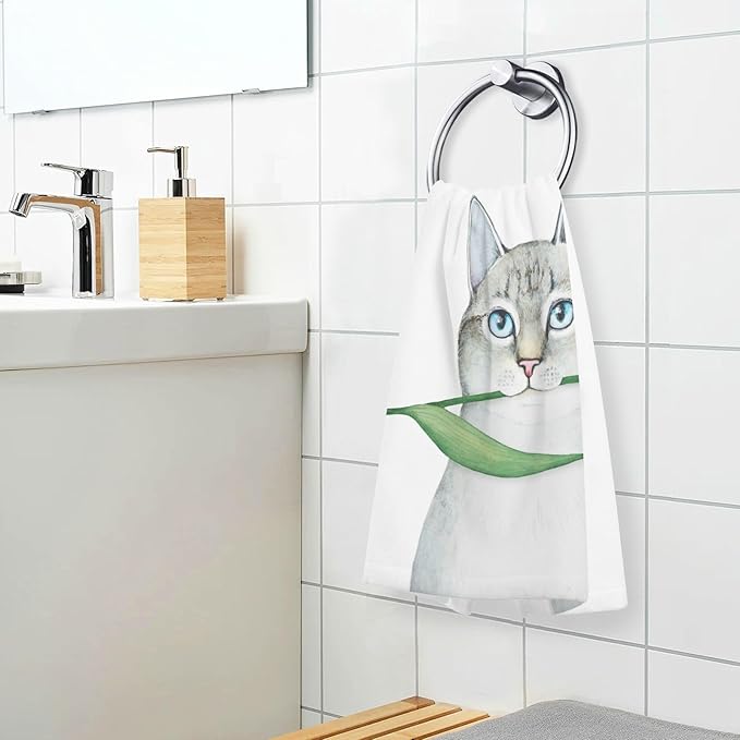 Cat Holding A Tulip Bath Hand Towel Soft Cotton Highly Absorbent Fingertip Towels for Bathroom Beach Kitchen Sports Gym Yoga Travel (2-Pieces Towel Sets, 28x16 inch)