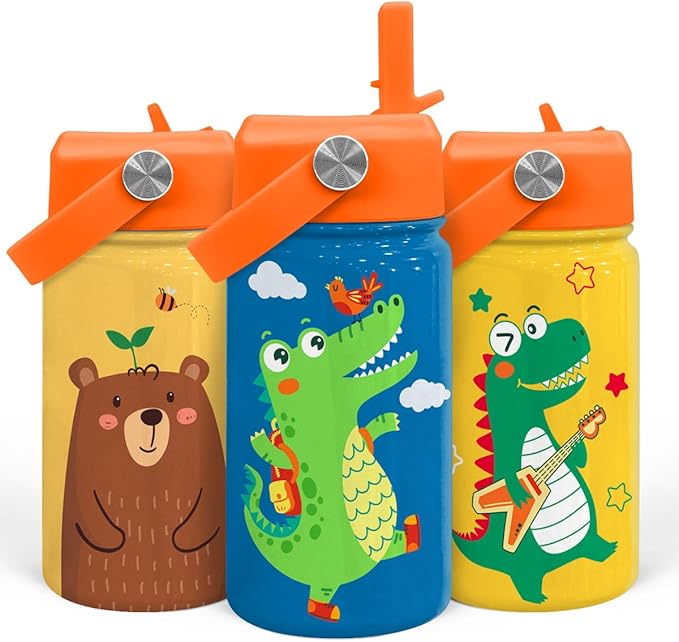 Crocodile Water Bottle - Kids Water Bottle with Straw Lid - 12 Oz Insulated Stainless Steel Water Bottles for Toddlers Kid Boys - Travel Cup for School Sports