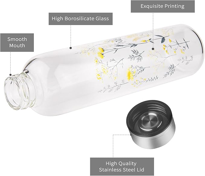 Borosilicate Glass Water Bottle, Sports Glass Drinking Bottle with Neoprene Sleeve and Stainless Steel Lid 16oz / 32oz (32oz, Blooming Branches)