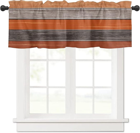 Farmhouse Kitchen Curtains Thanksgiving Fall Valances for Windows Burnt Orange Gray Rod Pocket Country Window Treatment for Kitchen /Living Room/Bedroom/ Bath,54" X 18" -1 Panel, Rustic Wood Texture