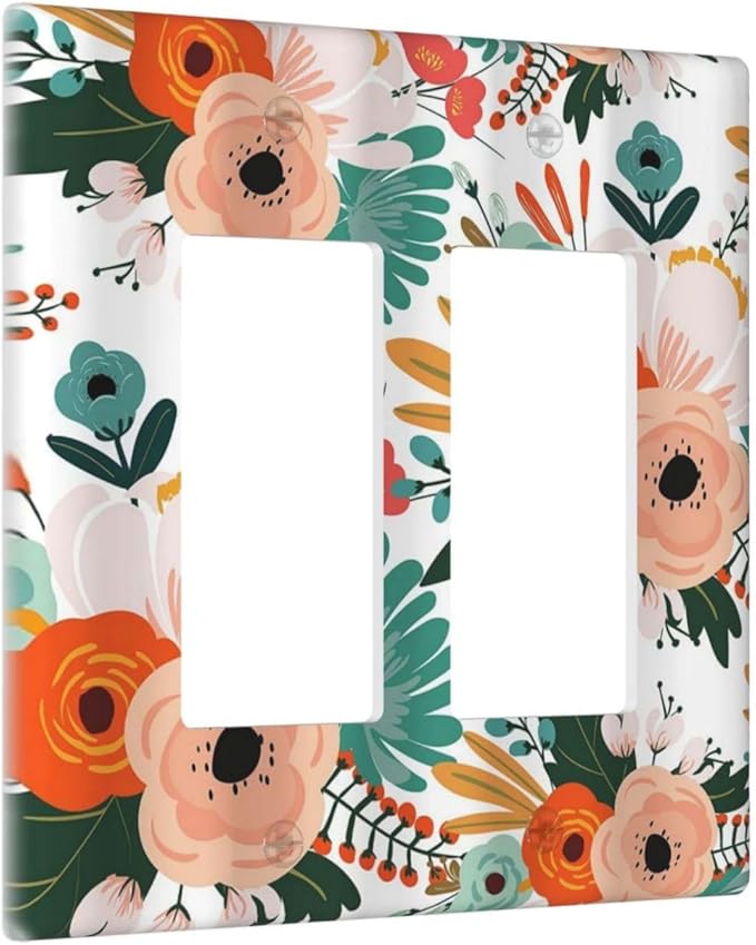 Rustic Floral Boho Colorful Flower 2 Gang Rocker Decora Light Switch Covers Dual Outlet Covers Wall Plate Decorative Switchplate Electrical Faceplate GFCI for Farmhouse Bathroom Bedroom Kitchen Decor