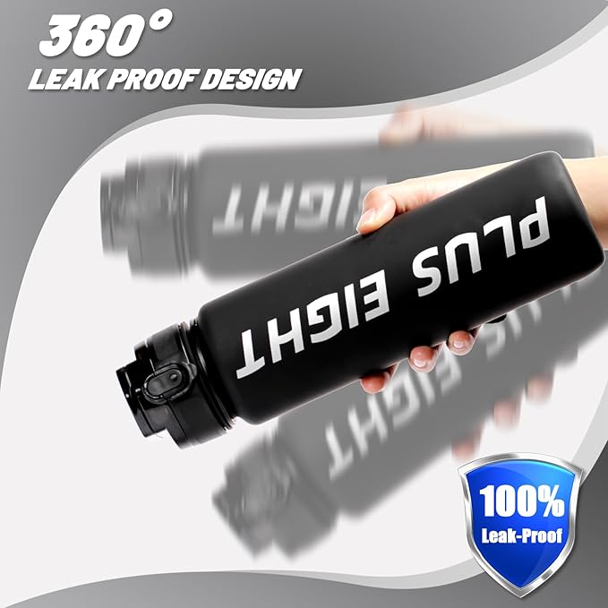 Sports Water Bottle, 32 oz Motivational Water Bottles with Time Marker to Drink, Leak-Proof Tritan BPA-Free with Carrying Strap for Women Men Gym Fitness Outdoor (Black Matte)