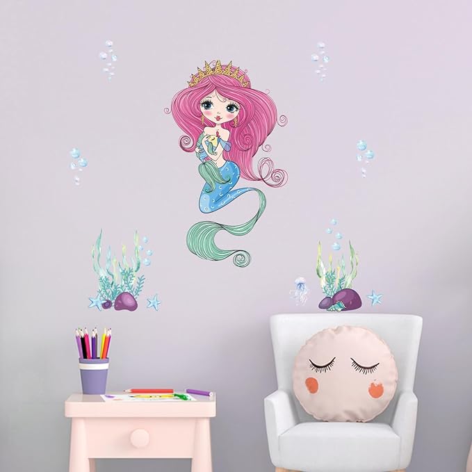 Mermaid Wall Decal for Girls Room, Princess Room Decor, Under The Sea Decorations, Ariel Little Mermaid Stickers, Vinyl Kids Wall Murals Peel and Stick for Bedroom Bathroom Nursery Living Room
