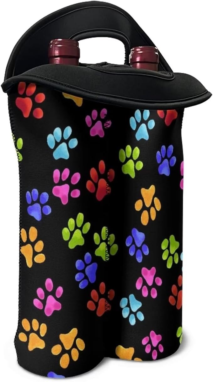 doginthehole Dog Paw Print Wine Carrier Tote 2 Bottle Insulated Wine Tote Cooler Bag Neoprene Wine Bottle Sleeve Portable Wine Gift Bag for Travel Champagne Wine Tasting Party