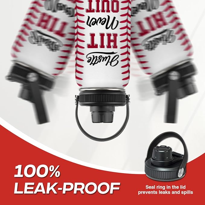 SANDJEST Baseball Water Bottle 32oz Hustle Hit Never Quit Stainless Steel Insulated Bottles for Men Women Sports Lovers Baseball Fan Players Coach Baseball Gifts for Birthday Christmas