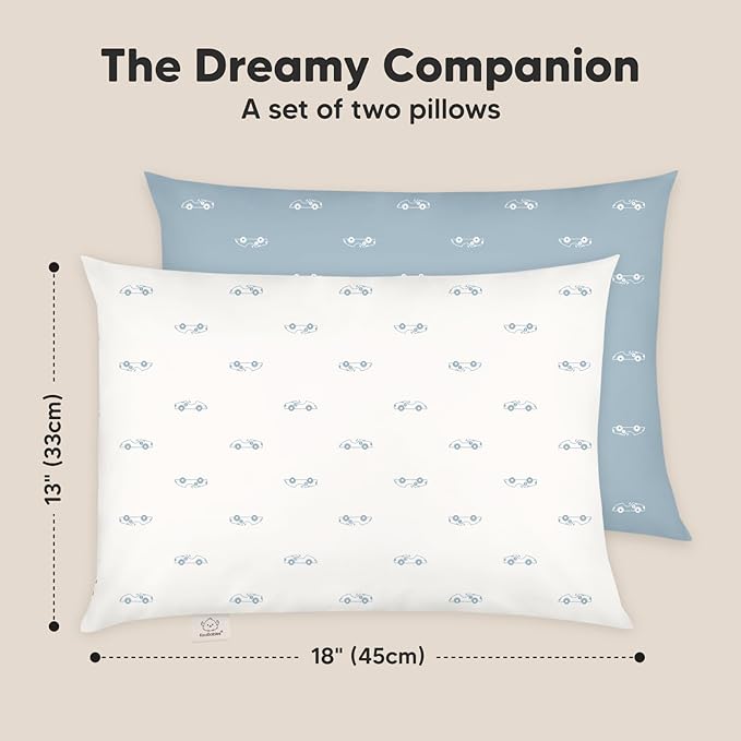 2-Pack Toddler Pillow - Soft Organic Cotton Toddler Pillows for Sleeping - 13X18 Small Pillow for Kids - Kids Pillows for Sleeping - Kids Pillow for Travel, School, Nap, Age 2 to 5 (Roadsters)