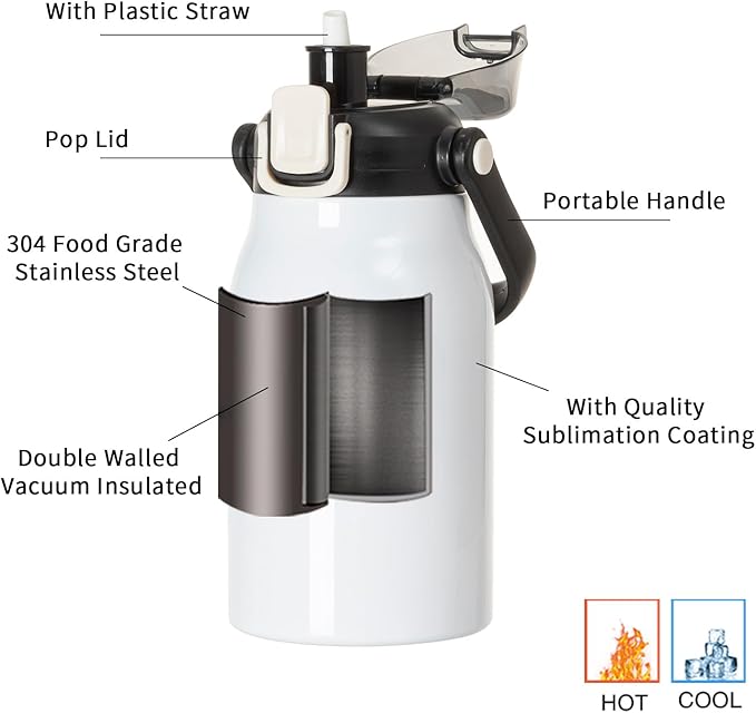 PYD Life 3 Pack Sublimation Water Jugs Bottles Vacuum Flasks White Blanks 32 OZ with Portable Sippy Up Lid and Straw Large Stainless Steel Travel Tumblers Cups Mugs for Tumbler Heat Press Printing