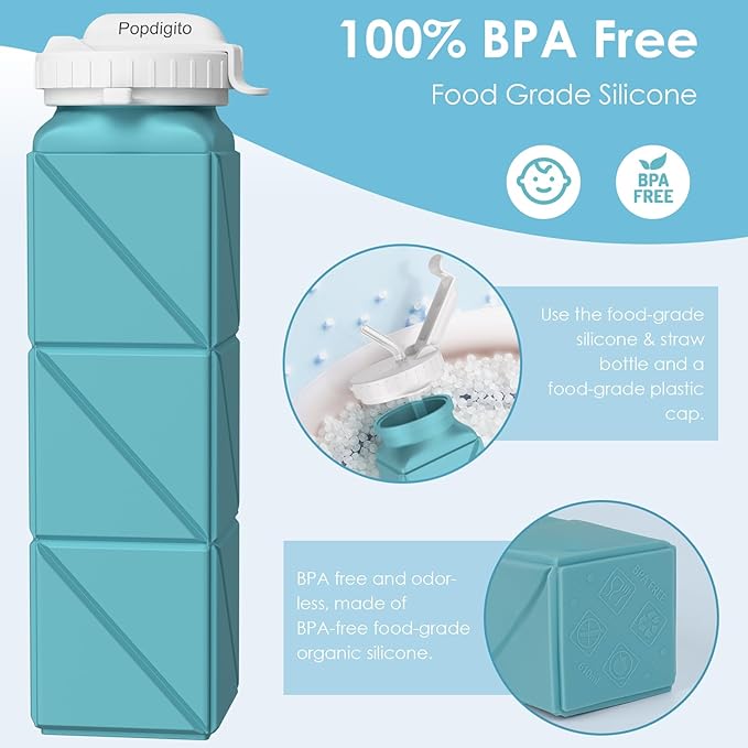 Collapsible Water Bottles 20.7oz Leakproof with Straw Lid Food-Grade BPA-Free Silicone Travel Foldable Water Bottles for Sports Office Gym Hiking Driving 610ML (Type2 Navy Blue+Green)
