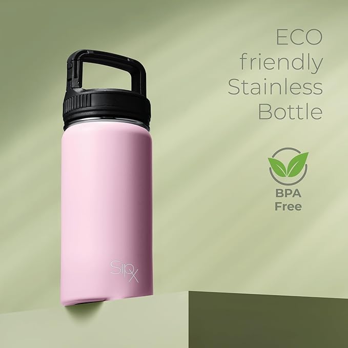SipX™ Triple-Insulated Stainless Steel Water Bottle 18oz. With 3 Lids, BPA-Free Reusable Insulated Water Bottle Keeps Cold 24 Hours, Metal Water Bottle Made Of Sustainable Material For Hiking & Biking