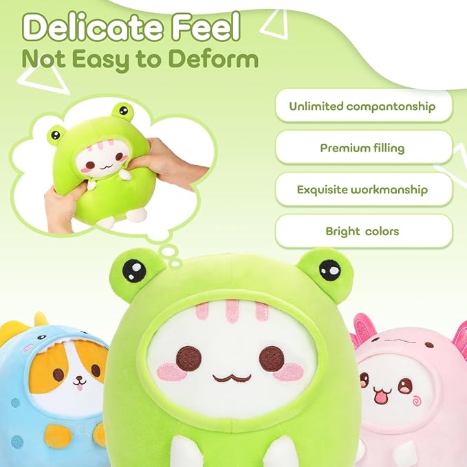 Cute Plush Frog Cat Stuffed Animal Pillow, 8" Soft Kawaii Kitten Plushie with Frog Outfit Gift for Kids