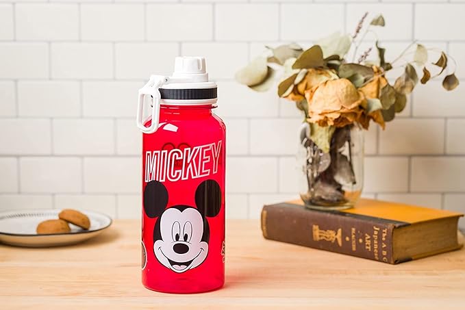 Silver Buffalo Disney Mickey Classic Varsity Twist Spout Plastic Water Bottle with Stickers You Stick Yourself, Red, 32 Ounces