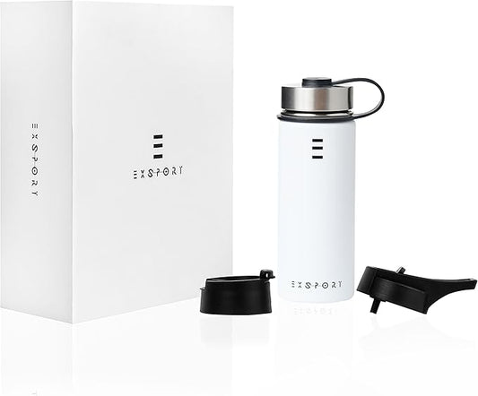 Stainless Steel Water Bottle - 18 Oz Water Bottle with Straw Lid, Coffee Lid, and Wide Mouth Lid - Double Insulated Water Bottle - Metal Water Bottle - Hot and Cold Insulated Thermos - (White)