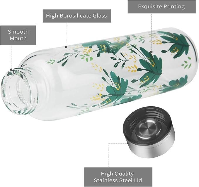 Borosilicate Glass Water Bottle, Sports Glass Drinking Bottle with Neoprene Sleeve and Stainless Steel Lid 16oz / 32oz