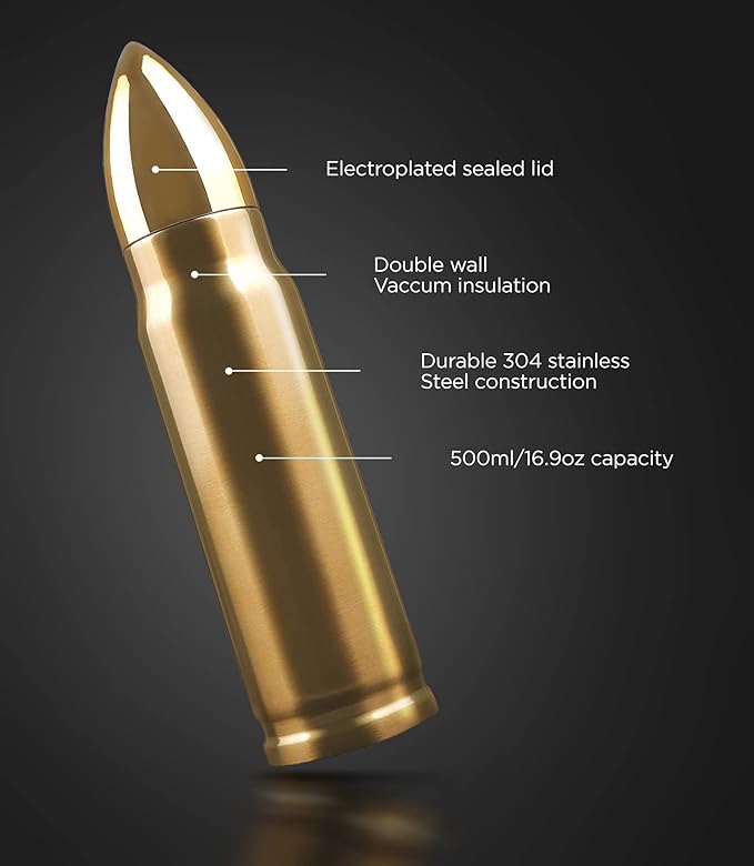 Water Bottle Gift for Dad for Christmas/Fathers Day "High Caliber Dad" Hot/Cold Insulated Stainless Steel 17oz Travel Bottle with Locking Lid (Boxed)