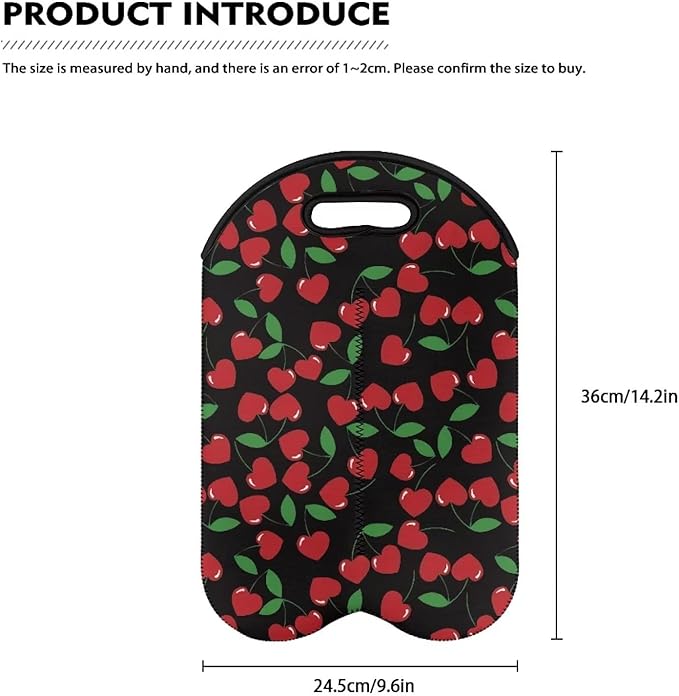 doginthehole Cherry Neoprene Wine Bag 2 Bottle Wine Tote Carrier Wine Accessories for Wine Lovers, Cute Fruit Print Wine Bottle Holder Champagne Beer Bags for for Travel, Party, Wedding, Birthday