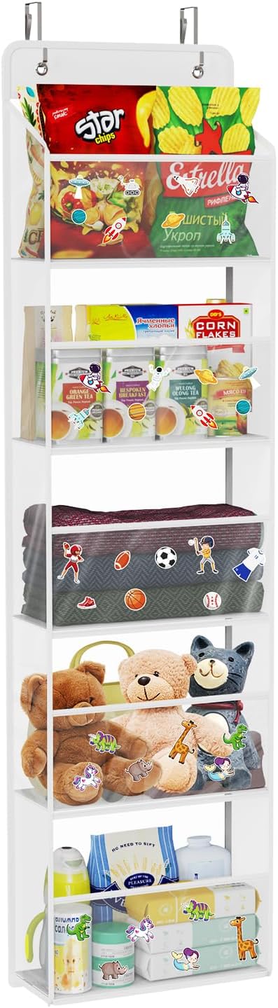 Univivi Over The Door Organizer Hanging Storage, Closet Door Organizer Baby Storage with 5 Clear Plastic Pockets & 2 Big Metal Hooks & Sticker for Cosmetics, Bathroom, Nursery and Sundries