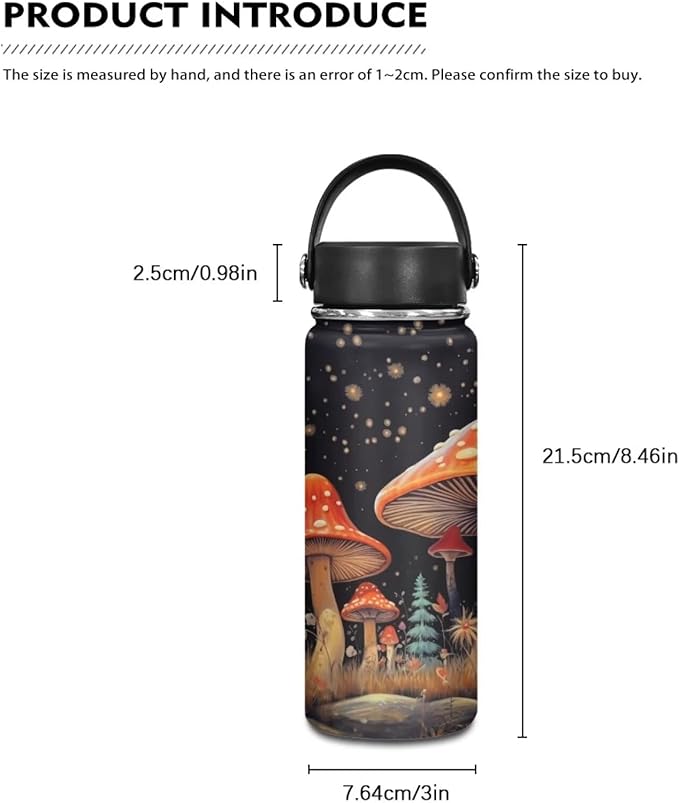 Mushroom Insulated Water Bottle for Women Men 18 Oz Vacuum Water Bottle for Hot & Cold Drinks, Wide Mouth, Great for Travel, Hiking & Camping