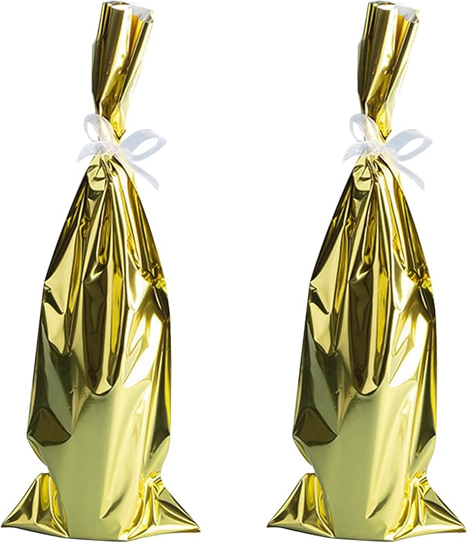 Mewutal 30 pcs Wine Packaging Bags Gold Wine Bottle Bags Shining Present Wrap Bags With White Ribbons for Wedding Holiday Party (18" x 6.5")