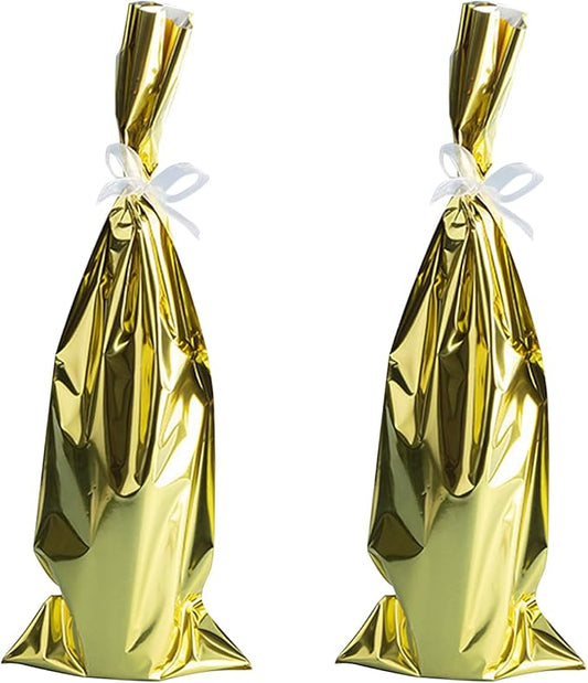 Mewutal 30 pcs Wine Packaging Bags Gold Wine Bottle Bags Shining Present Wrap Bags With White Ribbons for Wedding Holiday Party (18" x 6.5")