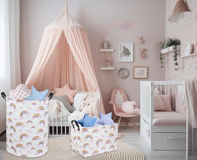 Rainbow Pink Laundry Basket Baby Girls Laundry Hamper Kids Toy Storage Basket Organizer Bins for Girls Room Decor Rainbow Gift Basket Nursery Hamper for Bedroom Bathroom (Rainbow)