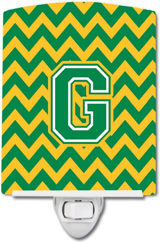 Caroline's Treasures CJ1059-GCNL Letter G Chevron Green and Gold Ceramic Night Light Compact, UL-Certified, Ideal for Bedroom, Bathroom, Nursery, Hallway, Kitchen, 6x4x3, Multicolor