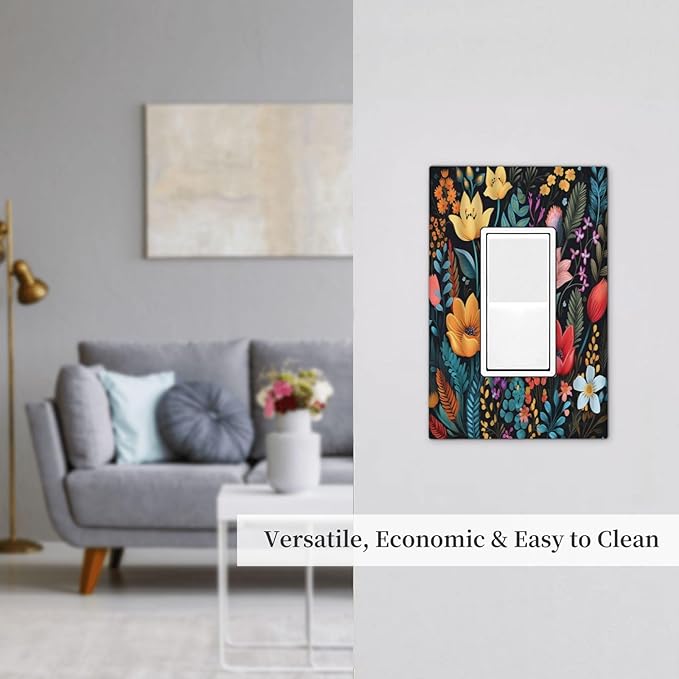 Boho Floral Vintage Flower Leaves Rustic Wildflower Plants 1 Gang Rocker Light Switch Covers Single Decora Outlet Wall Plate Decorative Switchplate Faceplate GFCI for Country Bathroom Bedroom Decor