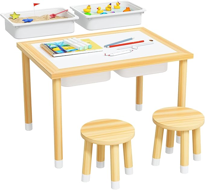 Sensory Table with 2 Stools, Wooden Kids Sensory Tables with Double-Side Board & 2 Storage Bins for Toddlers 1-3, Multipurpose Sensory Table for Boys and Girls Indoor/Outdoor Classroom Use