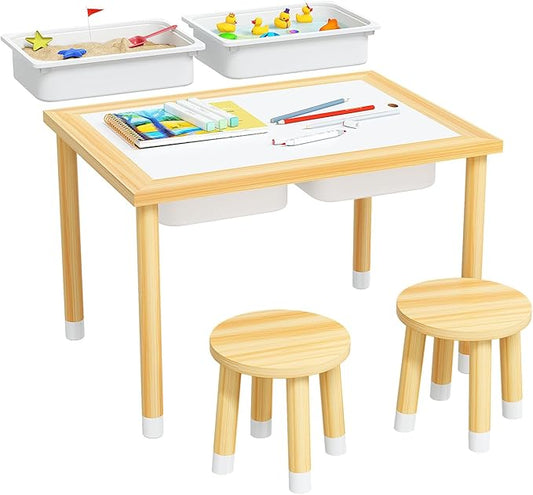 Sensory Table with 2 Stools, Wooden Kids Sensory Tables with Double-Side Board & 2 Storage Bins for Toddlers 1-3, Multipurpose Sensory Table for Boys and Girls Indoor/Outdoor Classroom Use