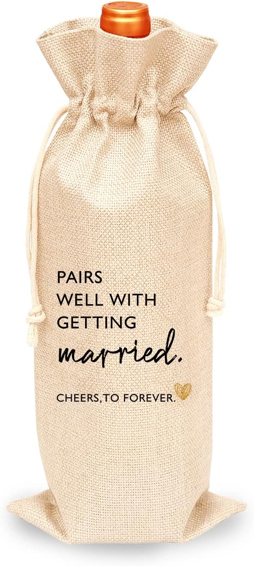 Toctose Engagements Gift Wine Bag 1Pc, Pairs Well With Getting Married, Engagement Gift for Couples, Gift for her, Him, Bride and Groom Gift-Cotton Linen Drawstring Wine Bag(WB072)