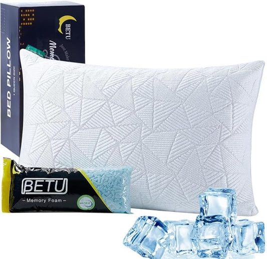 BETU Cooling King Pillow, Shredded Memory Foam Cool Pillow for Hot Sleepers, Adjustable Firm Soft Support Bed Pillows Perfect for Back Neck Pain and Side Sleeping with Pillow Case Cover, Ivory