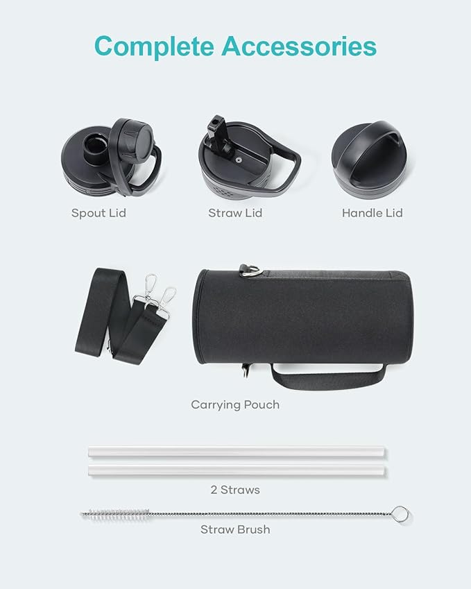 BUZIO Water Bottle with Straw lid, Spout Lid, Hand Lid and Carrying Pouch, 32oz 40oz 64oz Stainless Steel Water Flask Jug, Cold for 48 Hrs Hot for 24 Hrs Double Vacuum Thermo Canteen Mug, BPA-Free