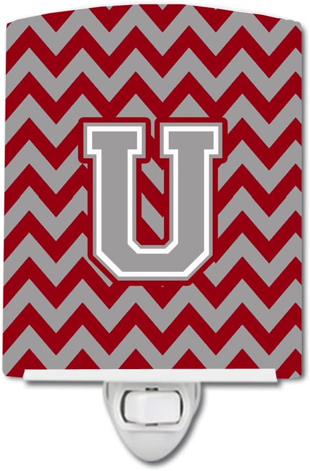 Caroline's Treasures CJ1043-UCNL Letter U Chevron Crimson and Grey Ceramic Night Light Compact, UL-Certified, Ideal for Bedroom, Bathroom, Nursery, Hallway, Kitchen, 6x4x3, Multicolor