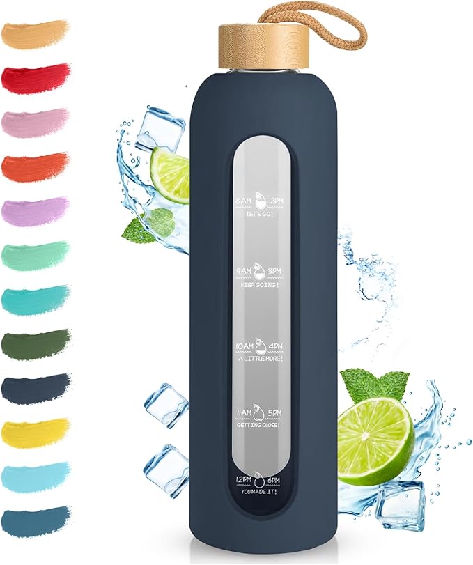 Sursip 32 oz Glass Water Bottle with Time Marker,1 Liter BPA-Free Reusable Motivational Water Bottle with Non-Slip Silicone Sleeve and Bamboo Lid, Ice Cube Tray, Leak-Proof, Dishwasher Safe
