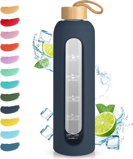Sursip 32 oz Glass Water Bottle with Time Marker,1 Liter BPA-Free Reusable Motivational Water Bottle with Non-Slip Silicone Sleeve and Bamboo Lid, Ice Cube Tray, Leak-Proof, Dishwasher Safe