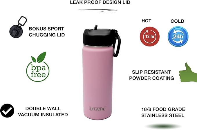 Sport Travel Outdoor Water Bottle with Spout and Straw Lids | Leak Proof | Insulated Stainless Steel Double Walled | BPA and Sweat free | Hot & Cold | For Kids Men & Women (Pink, 18 oz)
