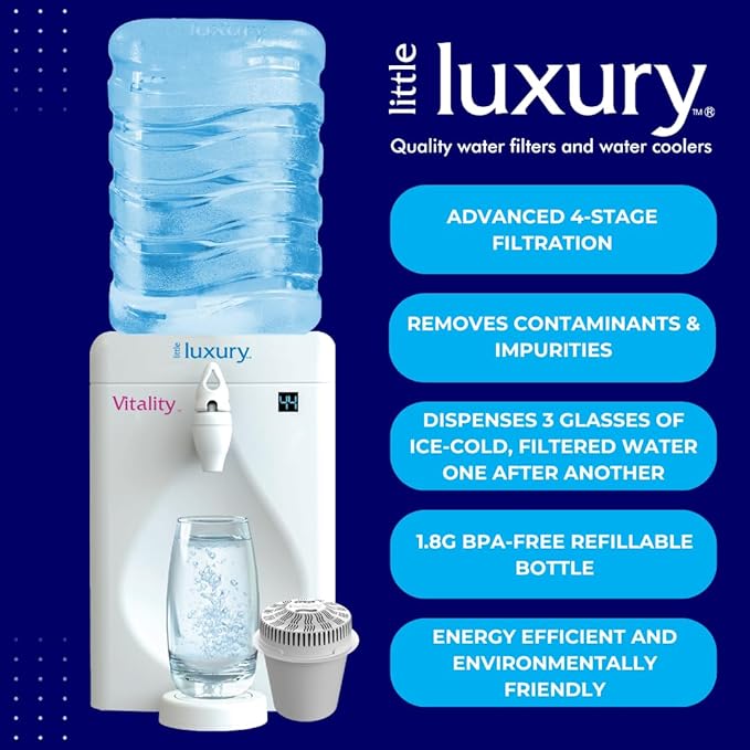Little Luxury Vitality Mini Water Cooler with Filter, Countertop, Fill At Your Tap, Refillable, BPA-Free 1.8-Gallon Bottle, Filter and Cools Tap Water