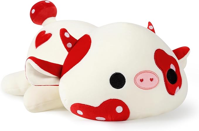 Onsoyours Cute Cow Plushie, Soft Stuffed Mushroom Cow Squishy Plush Animal Toy Pillow for Kids (Red Mushroom Cow, 9")