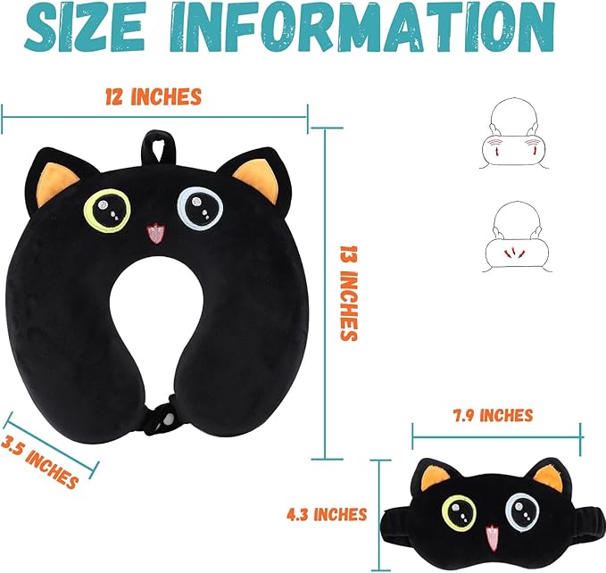 Kids Neck Pillow for Travel with Sleep Eye Mask, Cute Travel Neck Pillow, Memory Foam Cartoon Flight Sleeping Headrest Pillow for Boys & Girls, Airplane, Train, Car, Home Use - Smart Black Cat