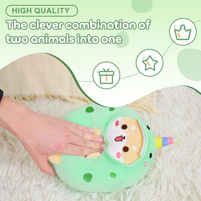 Cute Plush Shiba Inu Dinosaur Stuffed Animal Pillow, 8" Soft Kawaii Akita Plushie with Dinosaur Outfit Gift for Kids
