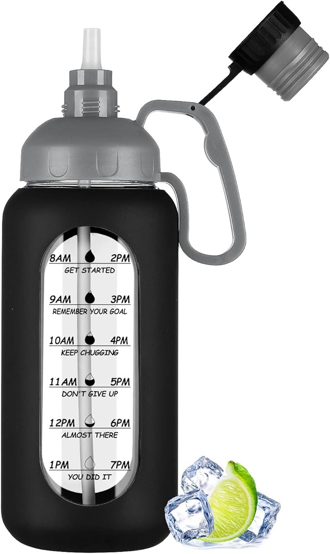 MUKOKO 64oz Glass Water Bottles with Straw, Half Gallon Water Bottle with Time Marker, Motivational Water Bottle with Silicone Sleeves,Large Glass Water Bottle for Gym,Working,Outdoor,Black