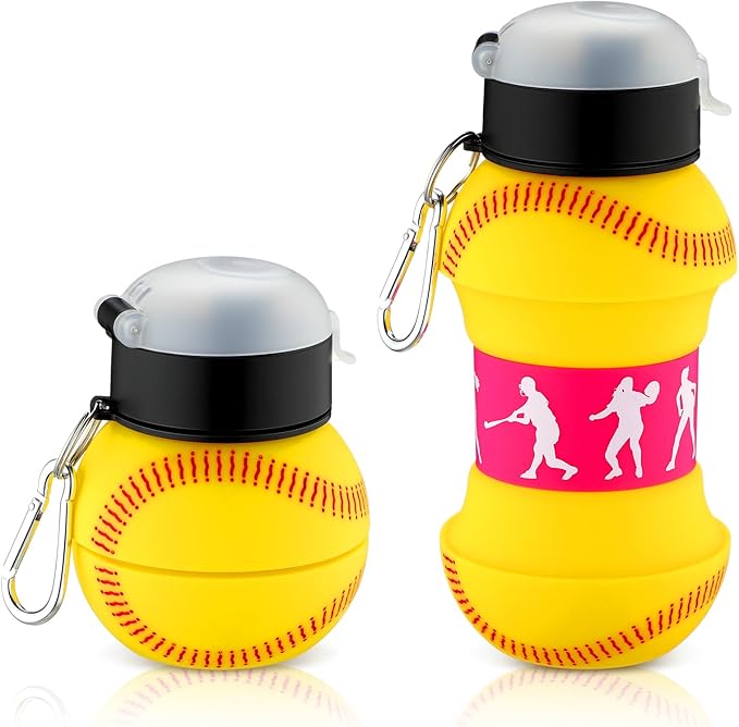 Softball Collapsible Water Bottle 18 oz Clip on Ball Drinking Cup Silicone Sports Water Mug Squeezable Leakproof Ball Shaped Bottle Folding Silicone Softball Cup for Sports Team Gift