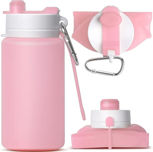 Collapsible Water Bottle, Foldable Water Bottle for Travel & Collapsable Water Bottle with Clip for Backpack, Portable Silicone Water Bottle, Collapse Water Bottle for Travel (20oz, Pink)