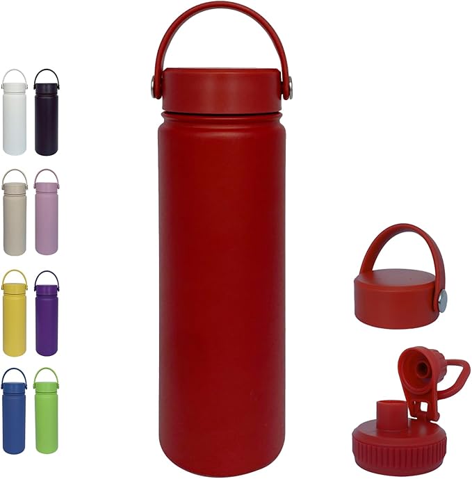 22oz Insulated Water Bottle ，Stainless Steel Sports Water Cup Flask with 2 Lids, Wide Mouth Travel Thermal Mug,Outdoor Sports Bottle（Deep red）