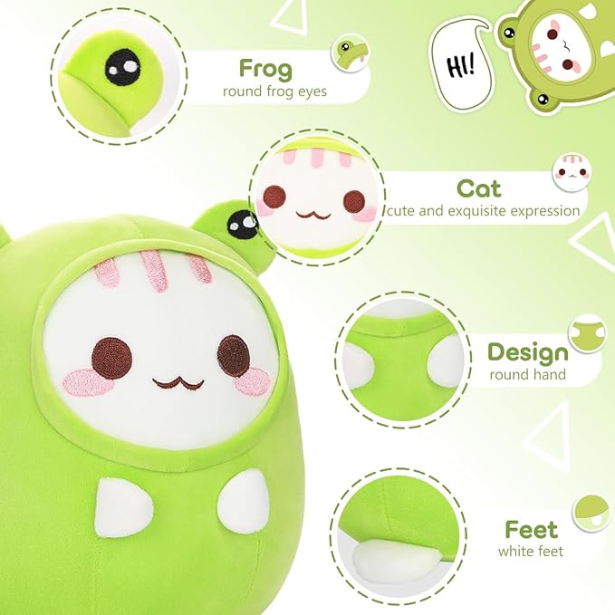 Cute Plush Frog Cat Stuffed Animal Pillow, 8" Soft Kawaii Kitten Plushie with Frog Outfit Gift for Kids