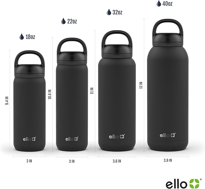 Ello Cooper Twist 22oz Stainless Steel Water Bottle with Chug Lid | Leak Proof Double Walled and Vacuum Insulated | Fits Car Cupholder | Built in Carry Loop | Dishwasher Safe | Gray
