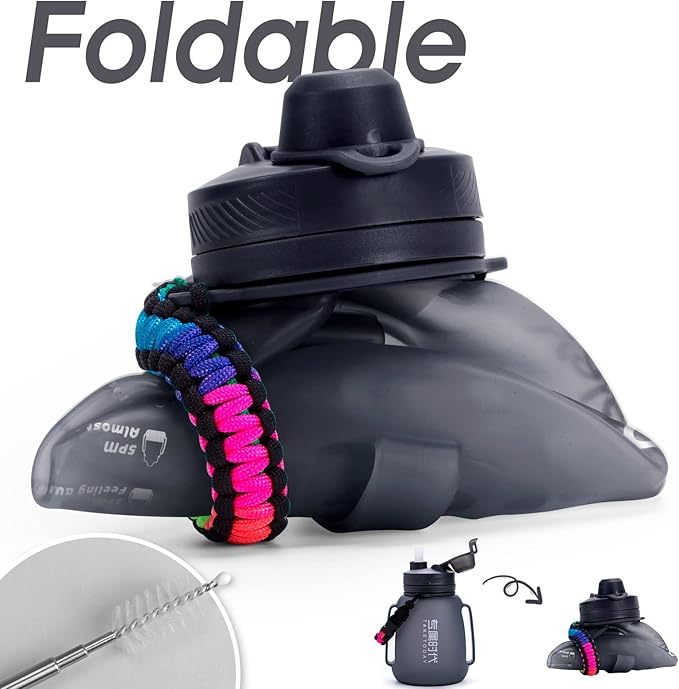 Collapsible Water Bottles 40 OZ Motivational Water Bottle with Straw and Paracord Handle Silicone Sports Water Jug with Times Leakproof Large Water Bottle for Yoga Camping Outdoors