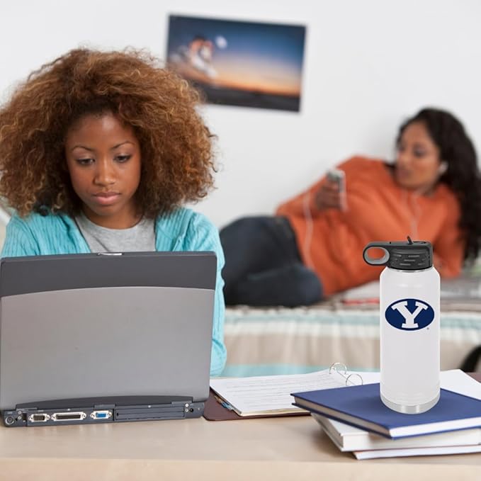 Game Day Outfitters BYU Cougars 32oz Stainless Steel Double Walled White Beverage Bottle with Flip Straw Spout– College Gear for Playoff Season– For Gym, Home or Auto – Show Your Brigham Youth Pride