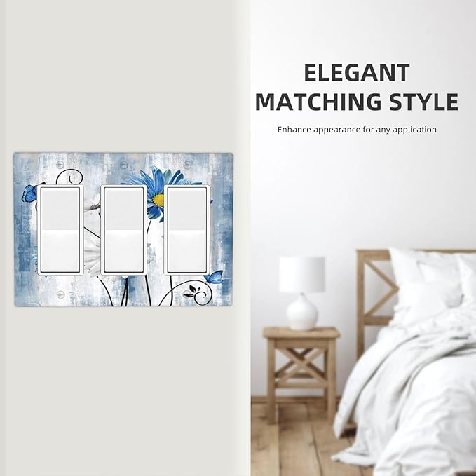 Rustic Teal Blue Daisy Floral 3 Gang Rocker Light Switch Covers Triple Outlet Wall Plate Decorative Switchplate Cover Faceplate GFCI for Country Bathroom Bedroom Kitchen Decor